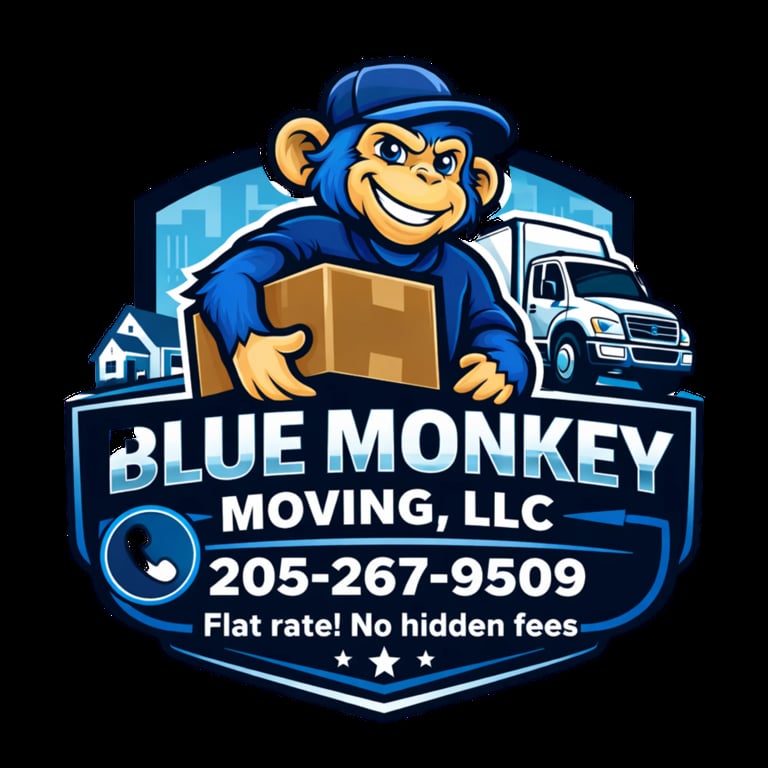 Blue Monkey Moving LLC logo with cartoon monkey holding a box, moving truck, and contact number 205-267-9509